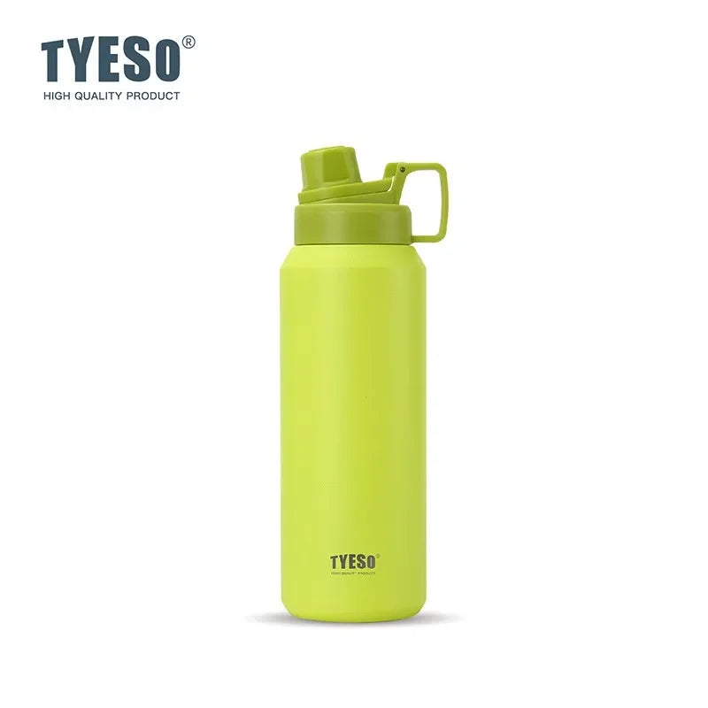 Tasse isotherme en acier inoxydable vert lime vif avec un cap jaune.