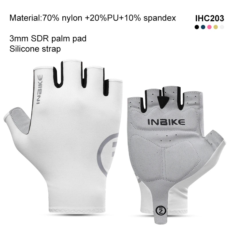 A pair of white and gray Inbike half-finger cycling gloves shown against a white background.