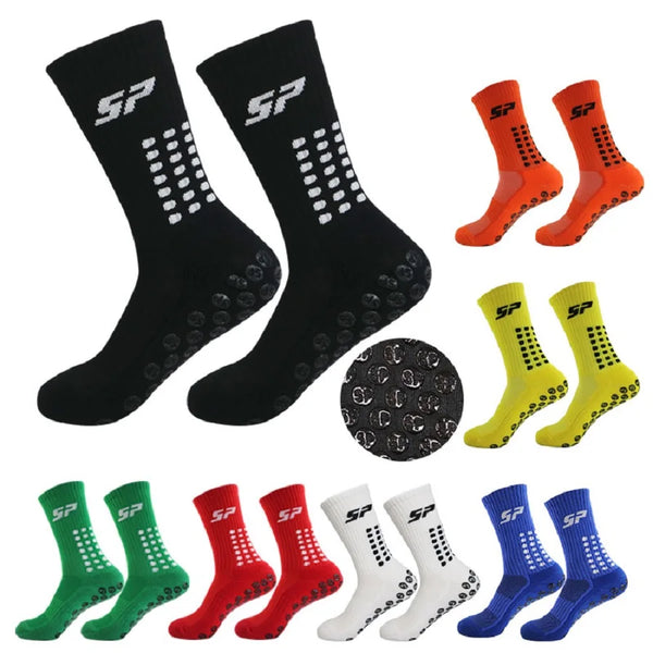 A collection of ten anti-slip performance football socks in various colors including black, orange, yellow, and blue.