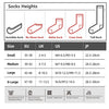 A chart showing various sock heights for different sizes including Invisible, No Show, Ankle, Crew, and Tall socks.
