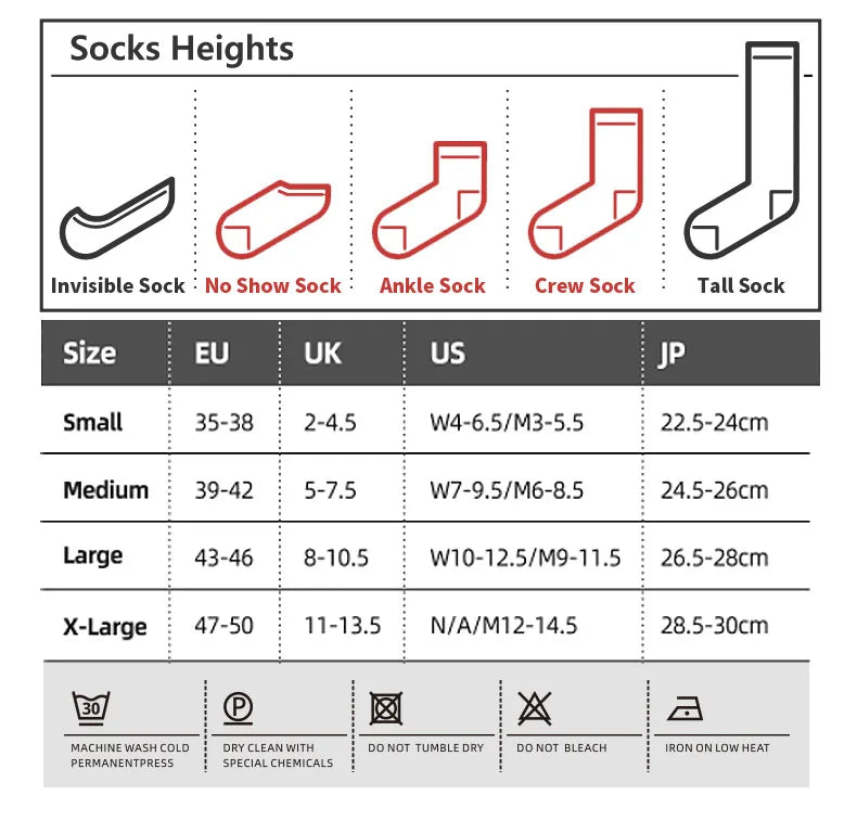 A chart showing various sock heights for different sizes including Invisible, No Show, Ankle, Crew, and Tall socks.
