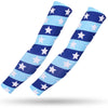 Pair of blue and white striped sports arm sleeves for UV protection