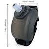 A dark gray durable sports wrist water bottle with a clear mouthpiece and black strap.