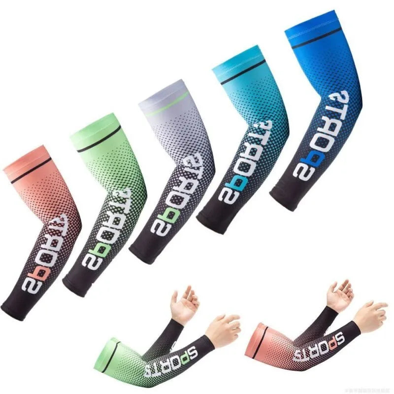 A set of nine UV protection arm cooling sleeves in various shades of blue and green for outdoor activities.