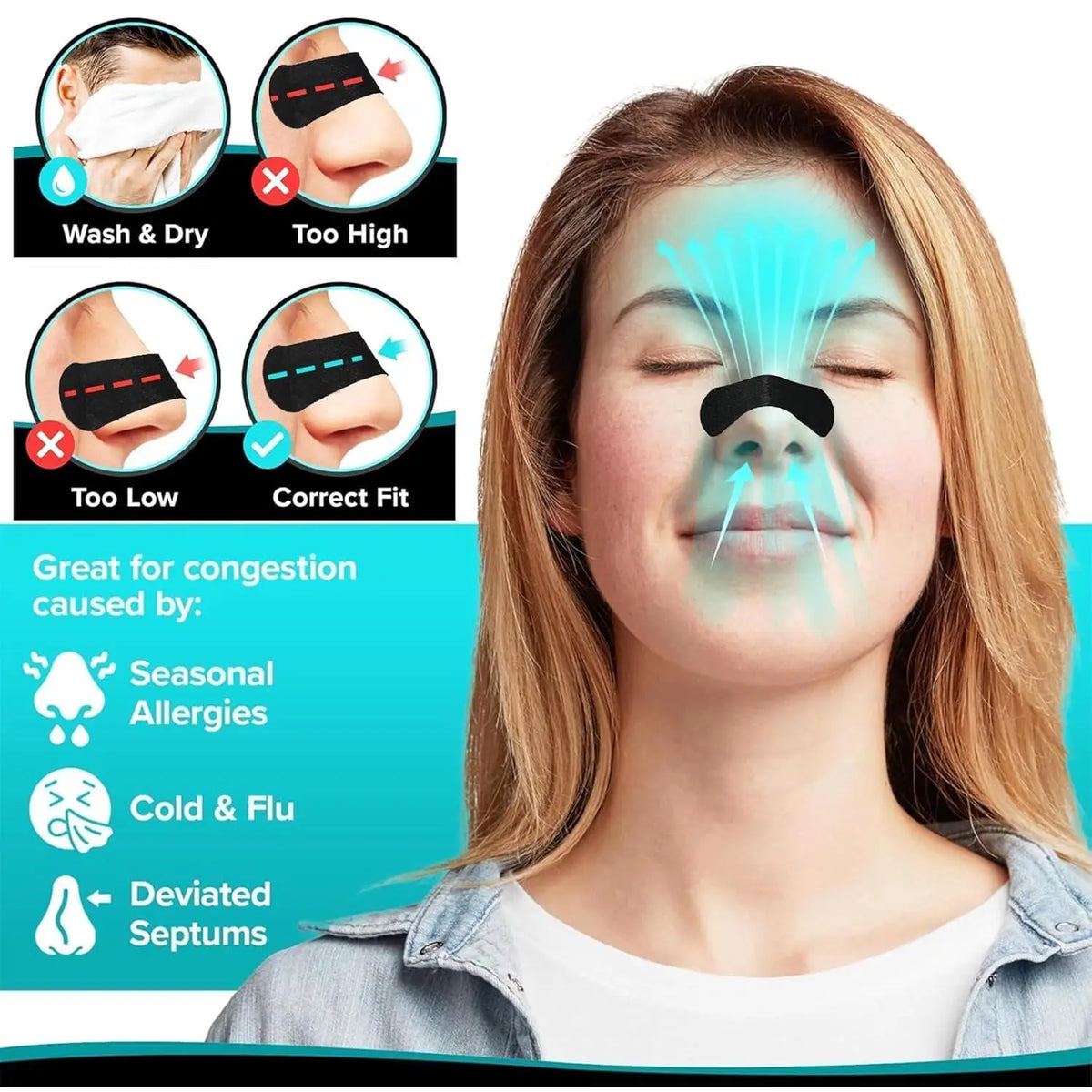 A woman is using anti-snoring nasal strips to relieve congestion caused by seasonal allergies, cold, flu, and deviated septum