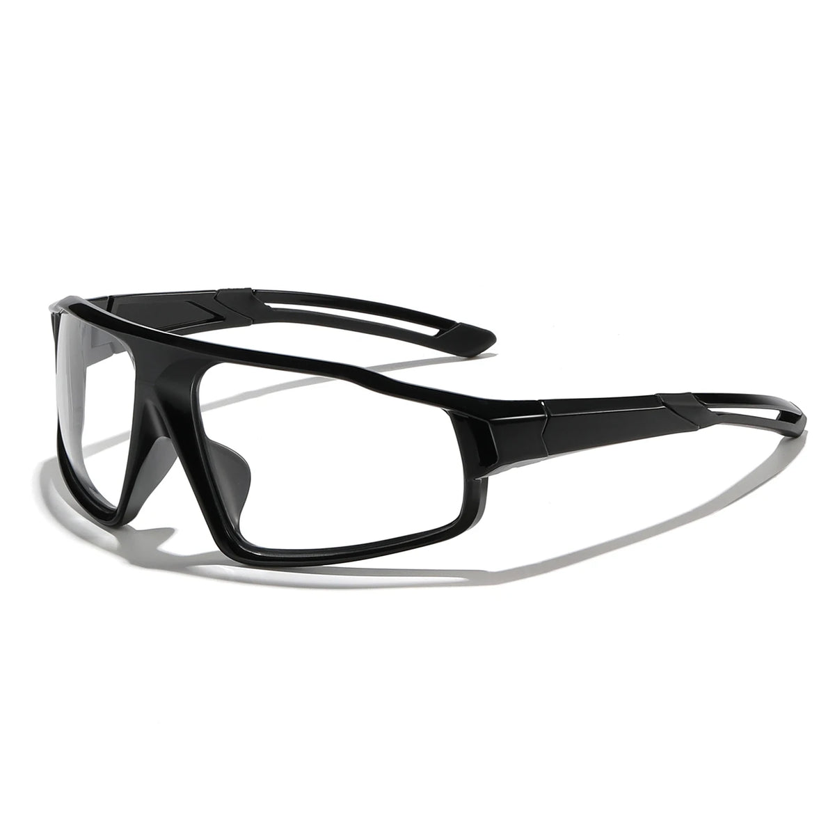 Black photochromic sports sunglasses with a dark frame and clear lenses