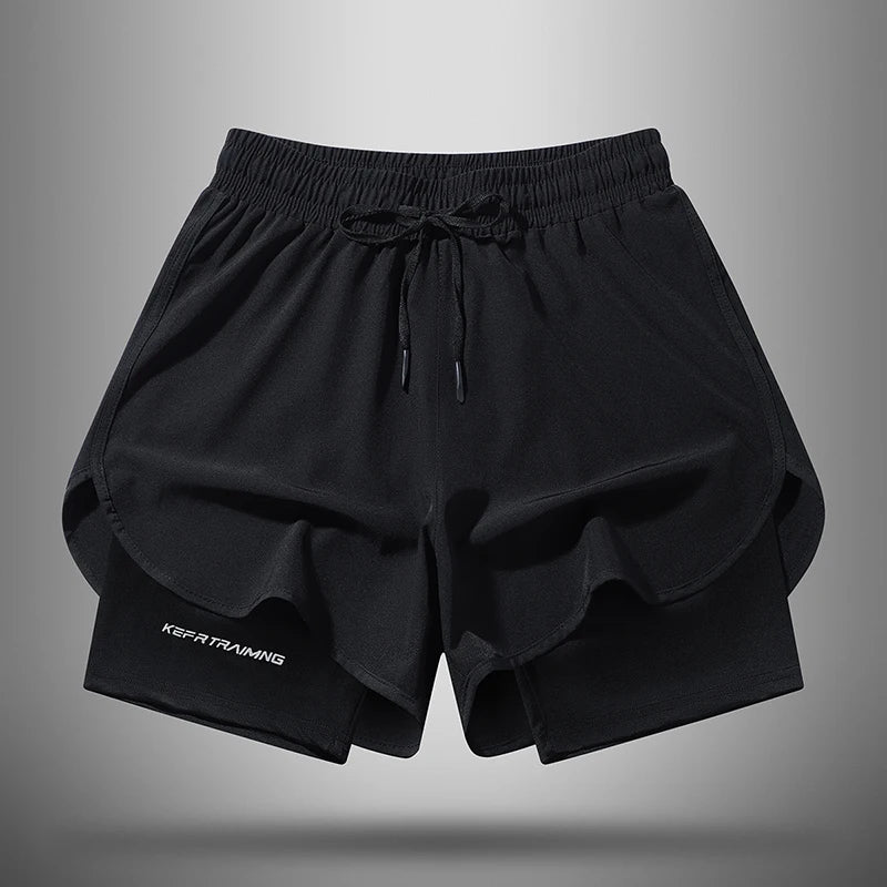 Black men's quick-dry 2-in-1 athletic shorts laid flat against a gray background.