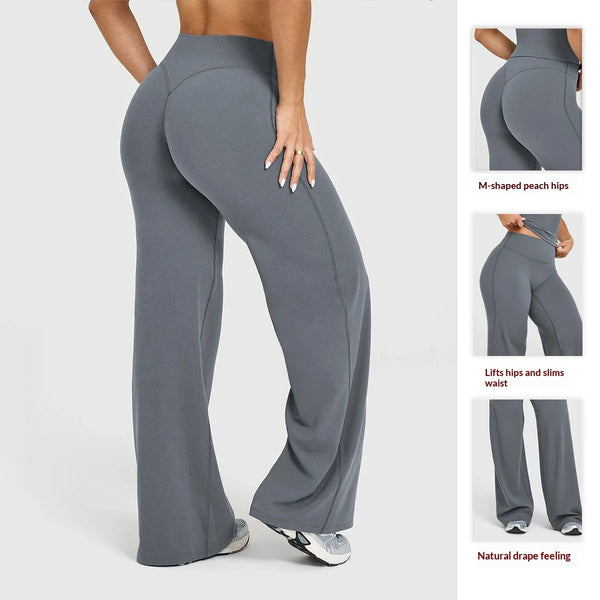 Femme modélisant un legging de yoga gris taille haute, vue de profil et détails.