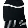 Black crew socks with white stripes and vertical lines on the foot section.