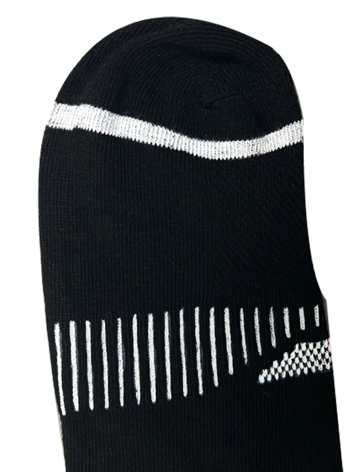 Black crew socks with white stripes and vertical lines on the foot section.