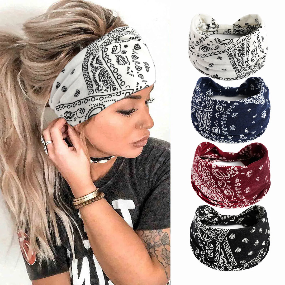 A woman models several bohemian cotton stretch headbands in black, white, and maroon patterns.
