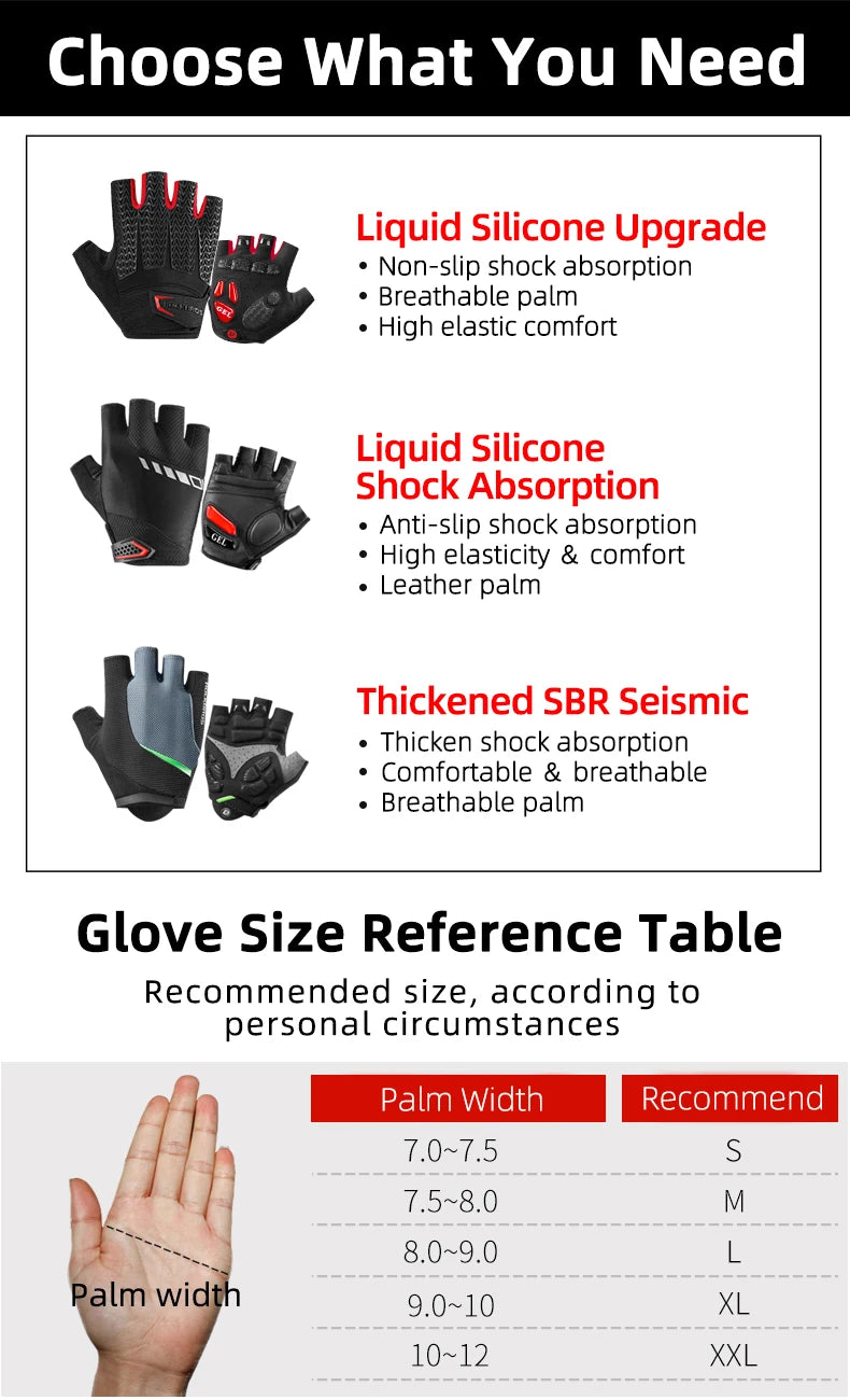 Image showing three types of gloves: Liquid Silicone Upgrade, Liquid Silicone Shock Absorption, and Thickened SBR Seismic. A 