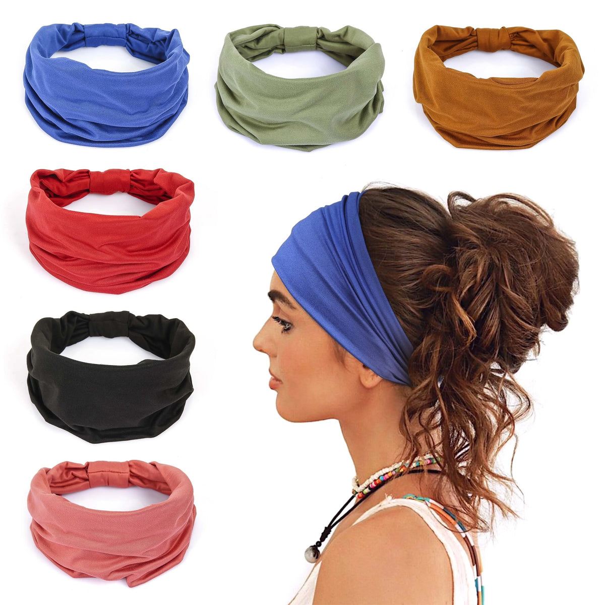 A collection of various colored non-slip elastic headbands for fitness and hair, including blue, green, orange, red, black, a