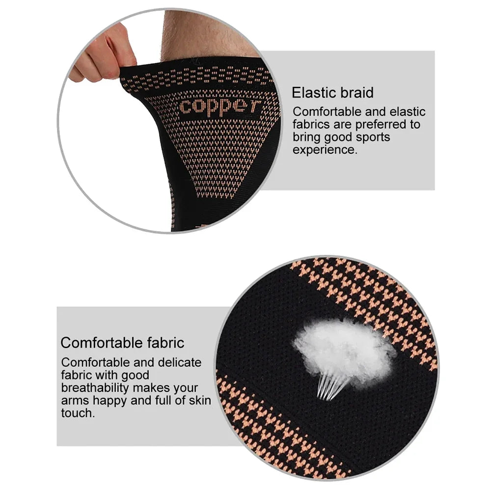 Black elastic braid knee compression sleeve with copper infusion details.