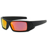 Black sunglasses with bright orange polarized lenses shown against a white background.