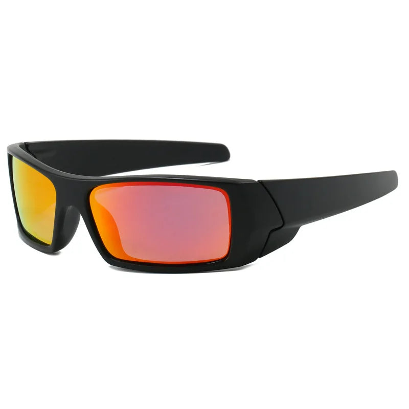 Black sunglasses with bright orange polarized lenses shown against a white background.