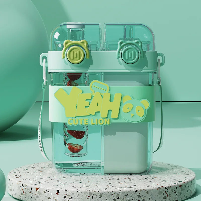 A clear double-walled drinking cup with a straw and lid in mint green and lime yellow colors.