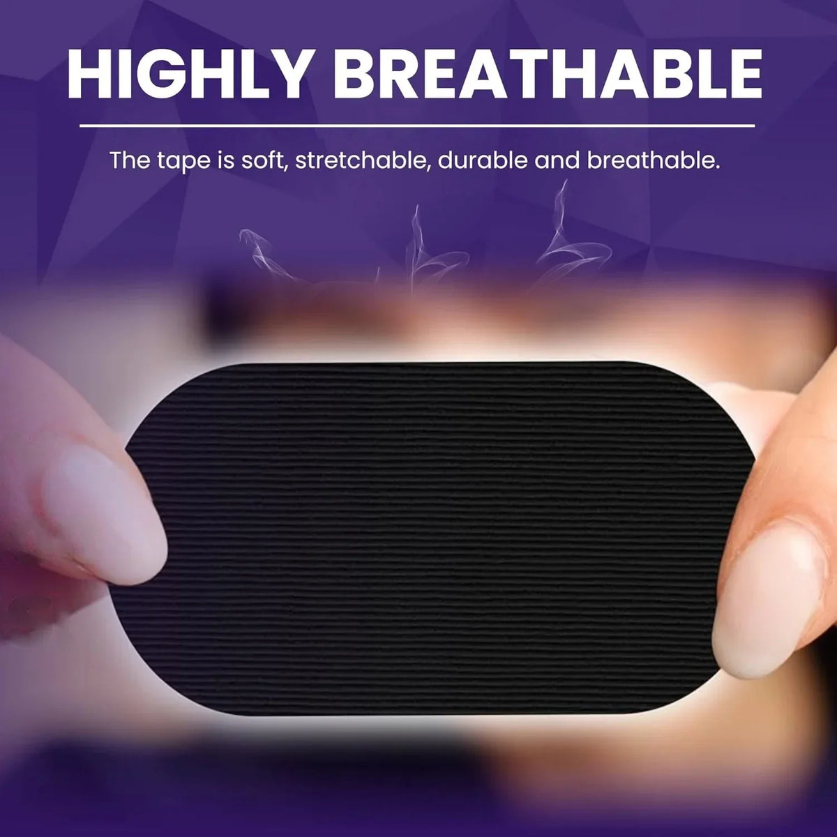 A hand holds a black, soft, breathable tape for anti-snoring mouth use.