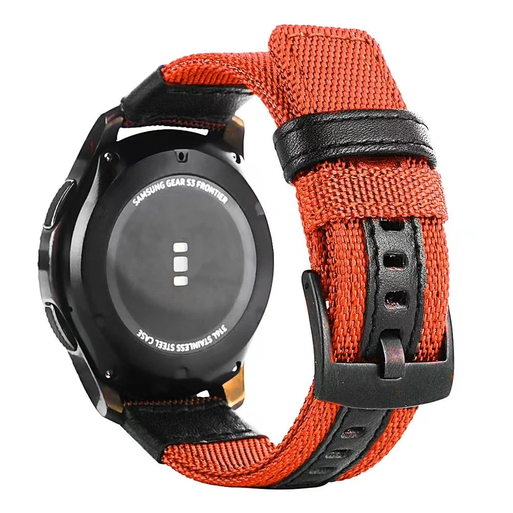 An orange nylon quick release watch band for a Samsung Gear S3 Frontier smartwatch.