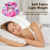 A pink and blue fabric headband is shown next to a woman sleeping in bed.