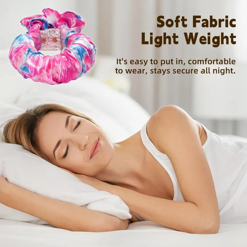 A pink and blue fabric headband is shown next to a woman sleeping in bed.