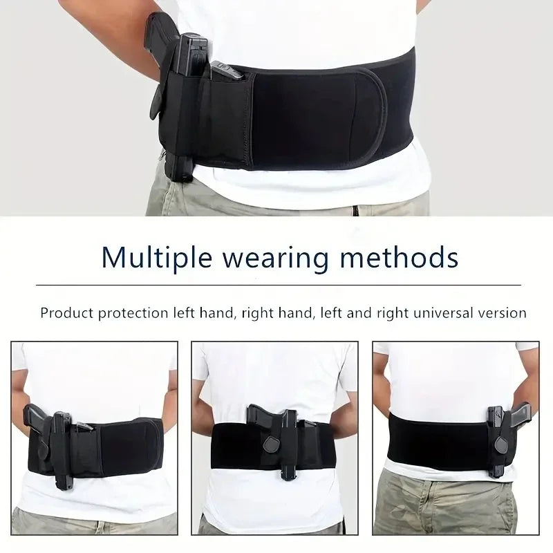 Ceinture tactique noire extérieure pour dissimulation, montrée dans plusieurs modes de port