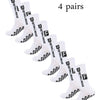 Four pairs of white men's athletic soccer socks with anti-slip grip patterns displayed together.