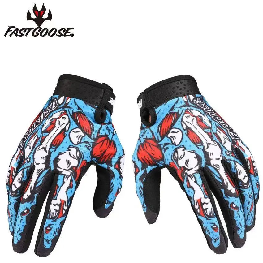 A pair of blue and red motocross and off-road cycling gloves with black accents.