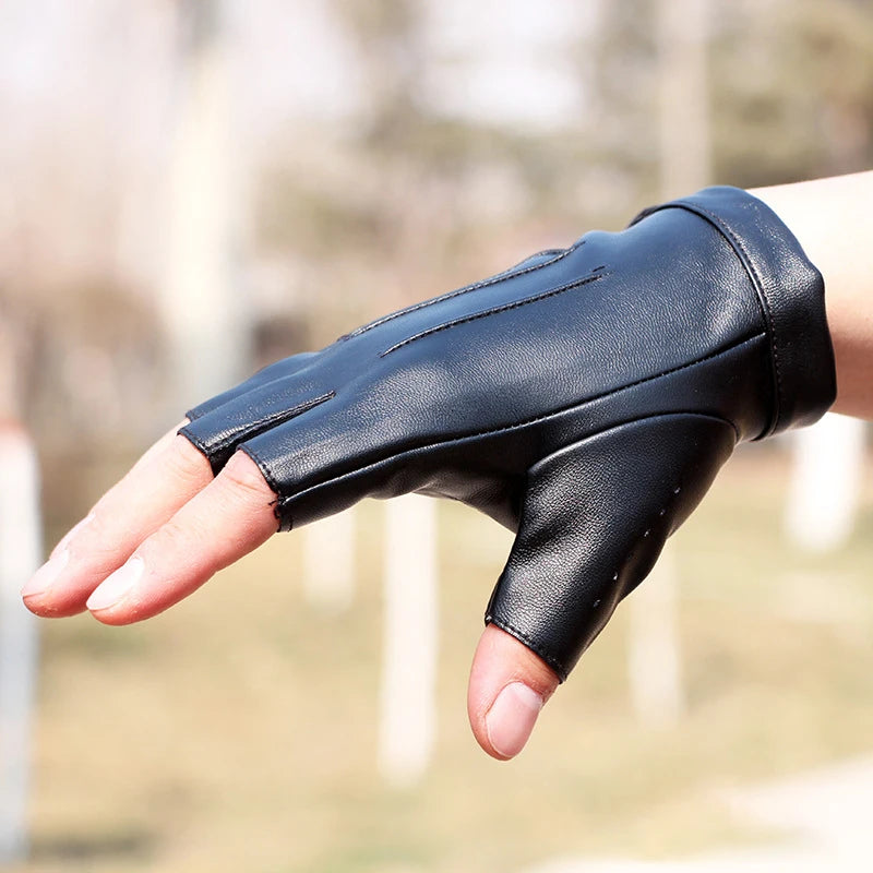 A hand wearing black PU leather fingerless fitness gloves, shown in a close-up view.