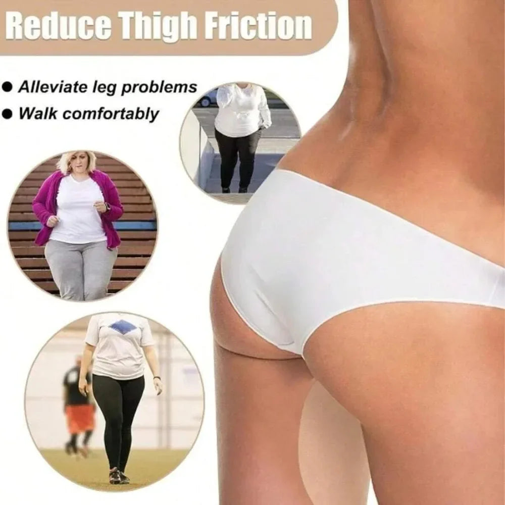 A close-up of a white anti-wear thigh patch applied to the inner thigh area, demonstrating friction relief.