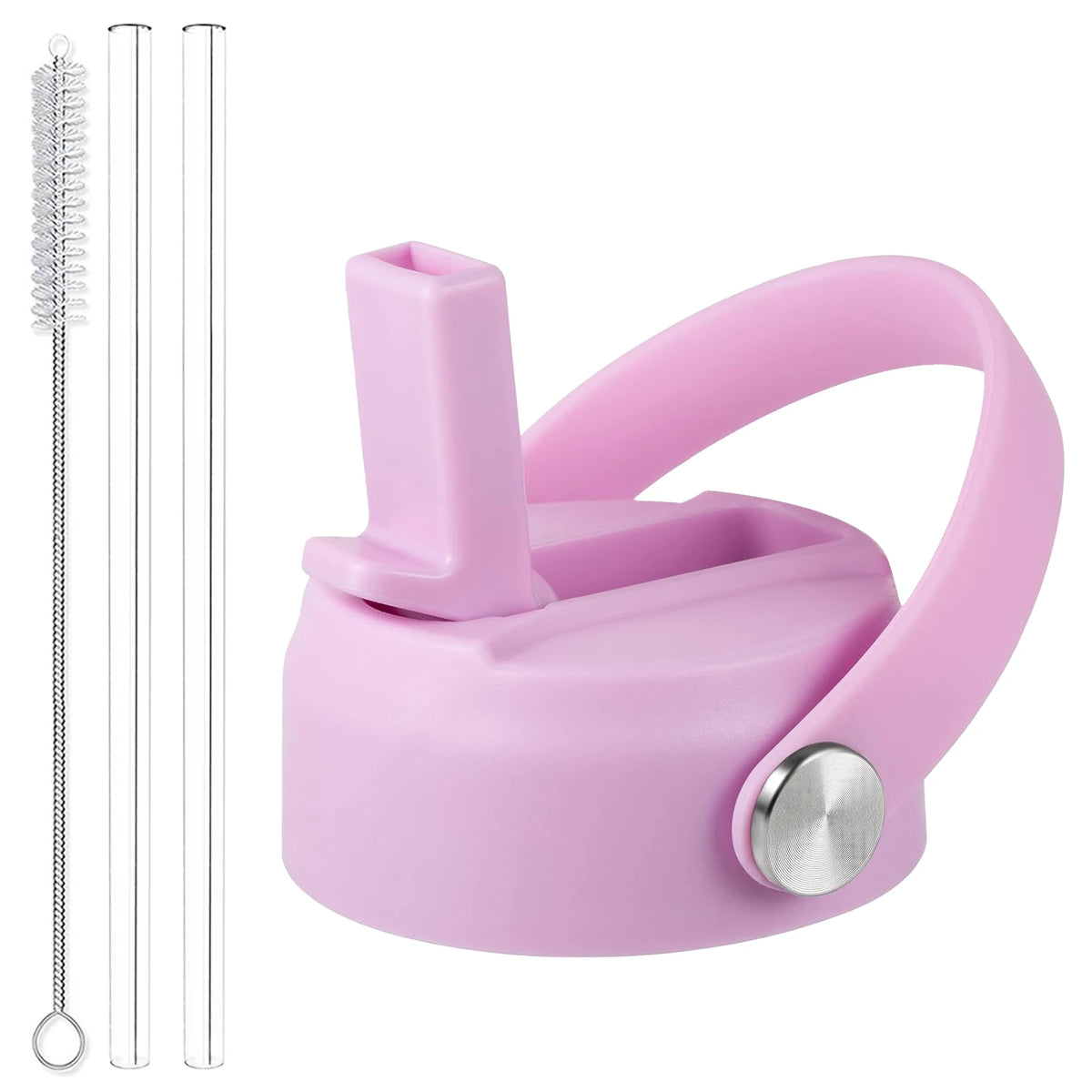 Pinkes Verschlussdeckel für Flaschen mit breitem Hals, mit Metallverschluss und drei klaren Röhrchen.