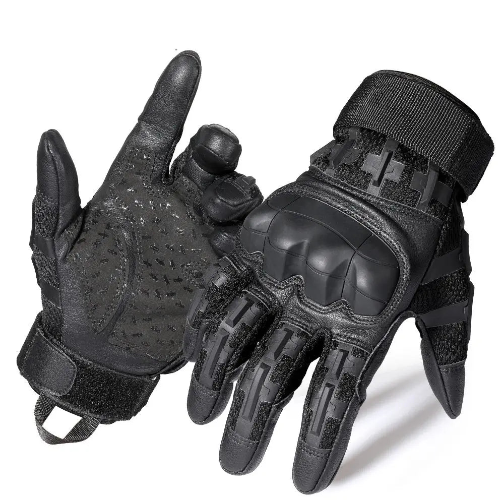 Black tactical PU leather cycling gloves shown in a close-up view