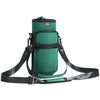 A dark green adjustable sling water bottle carrier bag with black straps and a black pouch.