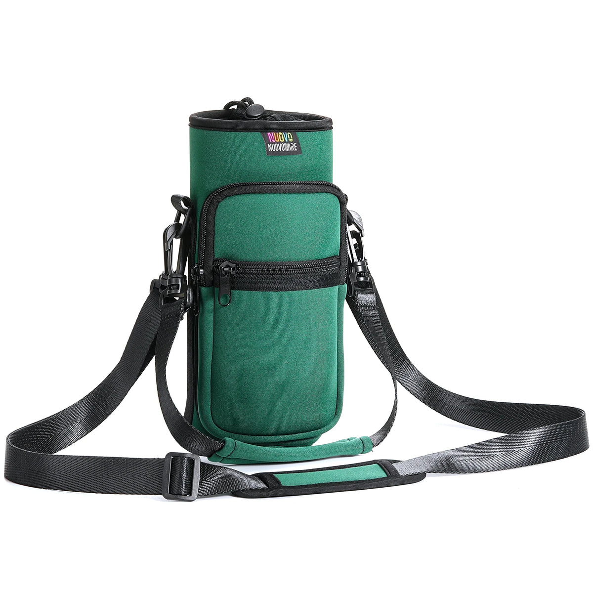 A dark green adjustable sling water bottle carrier bag with black straps and a black pouch.