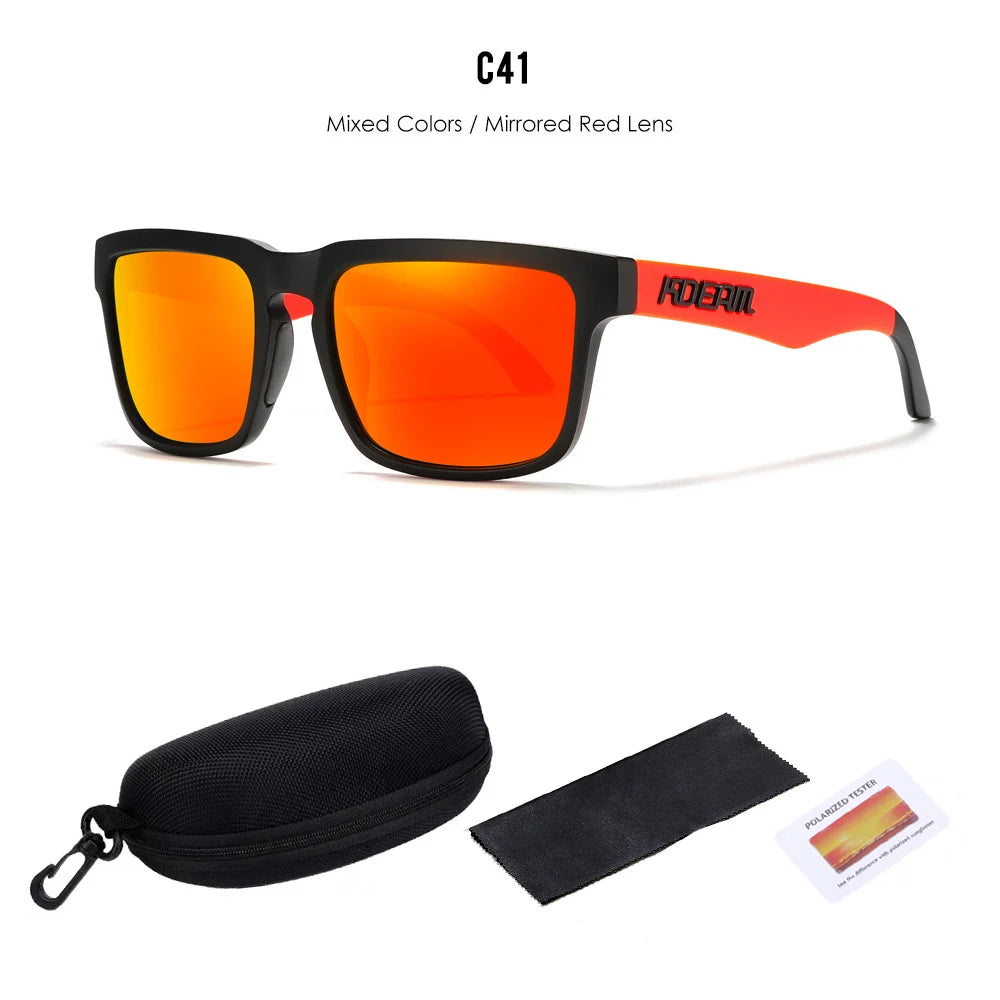 Orange getönte Polarisiertes Sonnenbrille mit schwarzen Rahmen, zusammen mit einer Schutzhülle und einem Linsenprüfer.