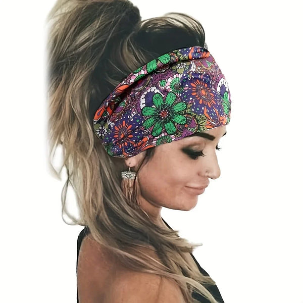 A woman wearing a floral butterfly patterned headband styled in an updo.