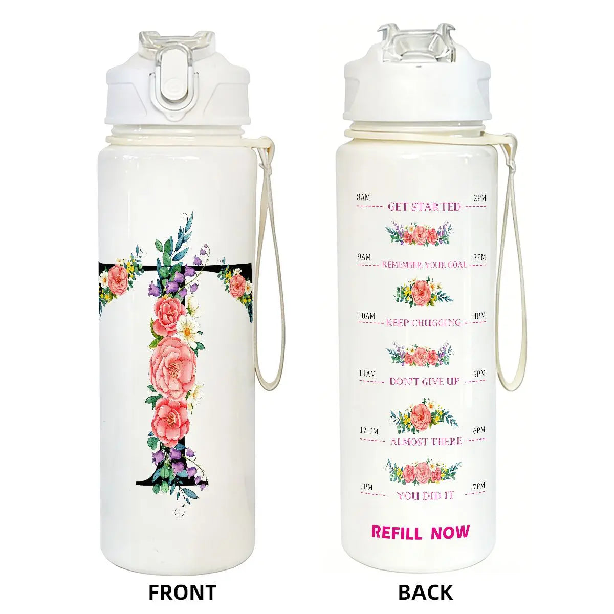 Front and back views of a white insulated straw tumbler featuring a motivational goal tracker design