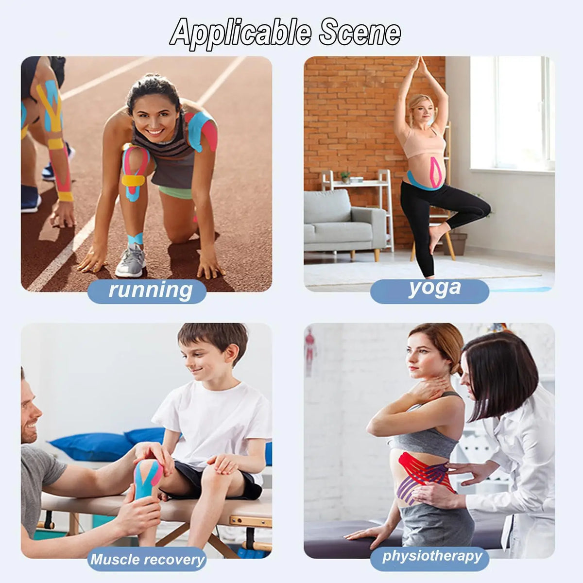 Cinta kinesiológica multicolor usada en diversas actividades como correr, yoga y fisioterapia para recuperación muscular.