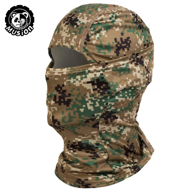 A camouflage balaclava face mask in brown and green tones for sun and dust protection.