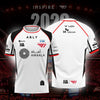 A white esports team jersey with black accents featuring the name ABLY and sponsor logos on a dark background.