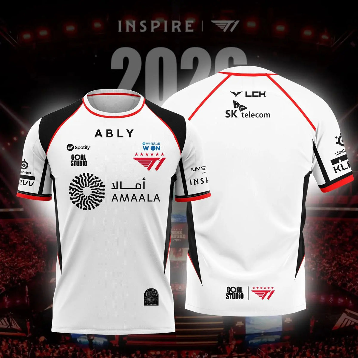 A white esports team jersey with black accents featuring the name ABLY and sponsor logos on a dark background.