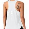 A woman wearing a white running vest with a black cat design on the shoulder.
