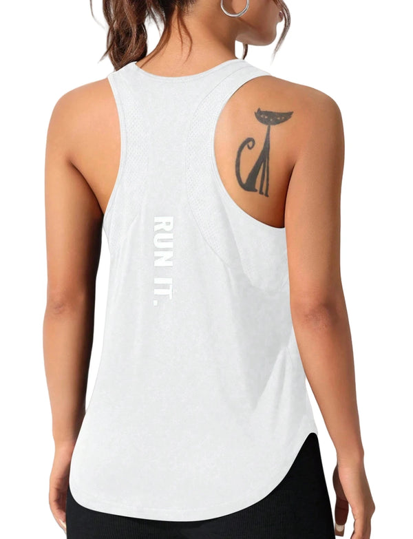 A woman wearing a white running vest with a black cat design on the shoulder.