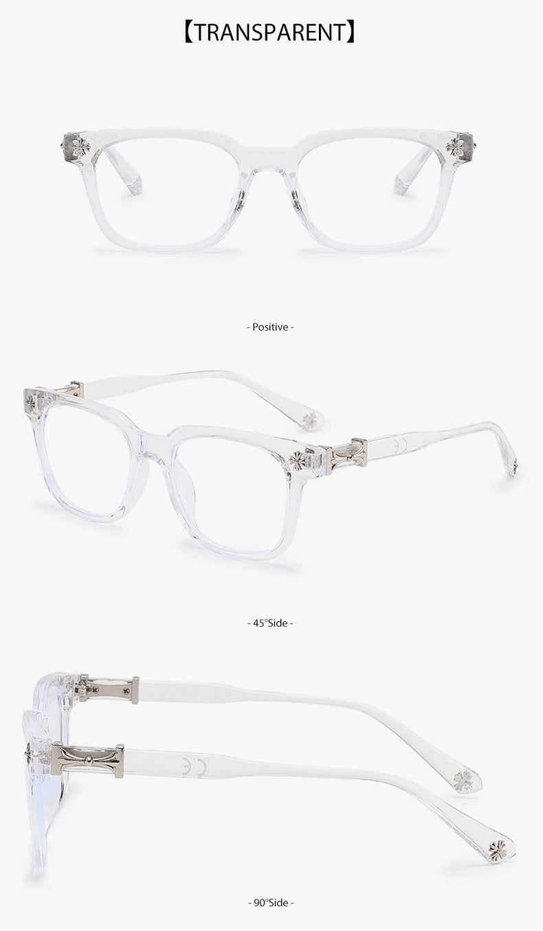A set of clear, transparent eyeglasses shown in various styles and angles.