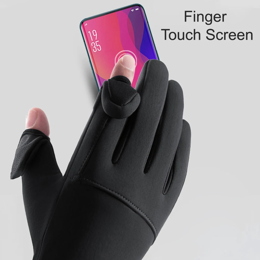 A hand wearing a black glove is touching a finger touchscreen display on a smartphone.