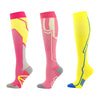 A set of three compression socks in pink, yellow, and gray for athletes and medical use.
