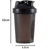 A dark brown leakproof protein shaker bottle with a black cap shown in a vertical and horizontal dimension view.