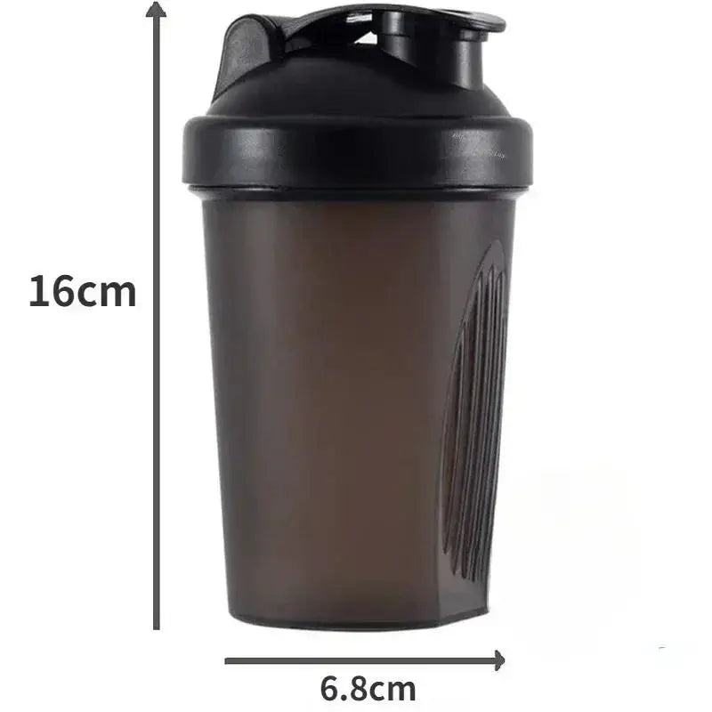A dark brown leakproof protein shaker bottle with a black cap shown in a vertical and horizontal dimension view.