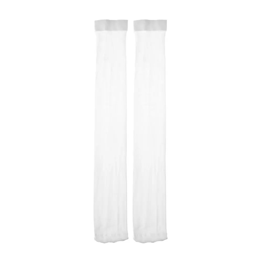 A pair of white opaque thigh high elastic socks for women.