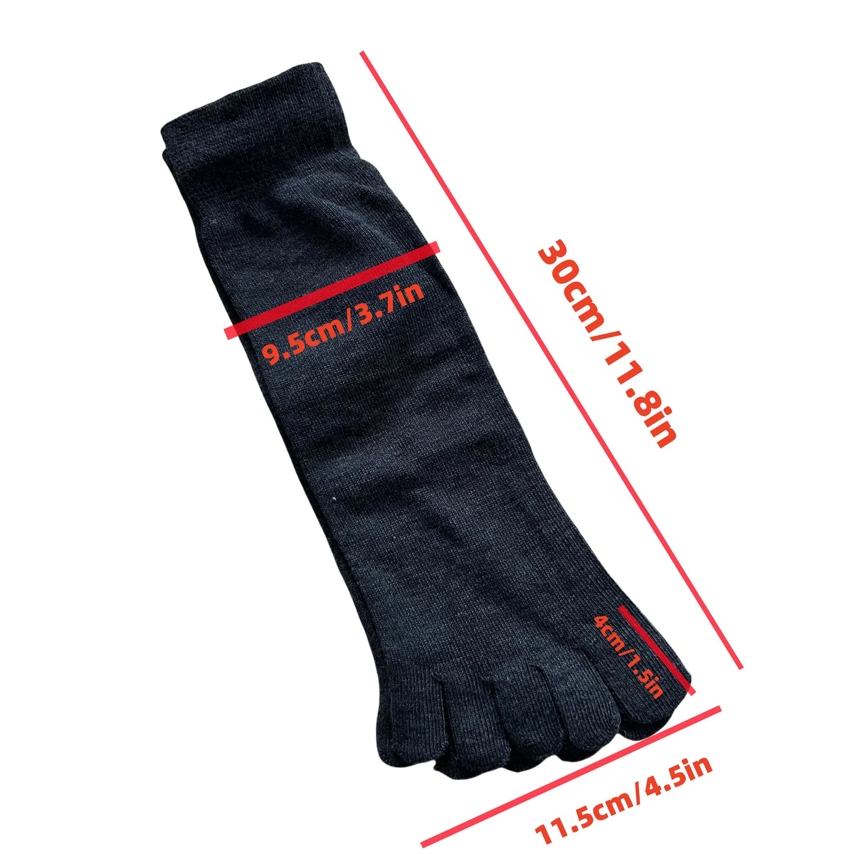 A black men's breathable cotton split toe sock shown with dimension lines indicating its length and foot size.